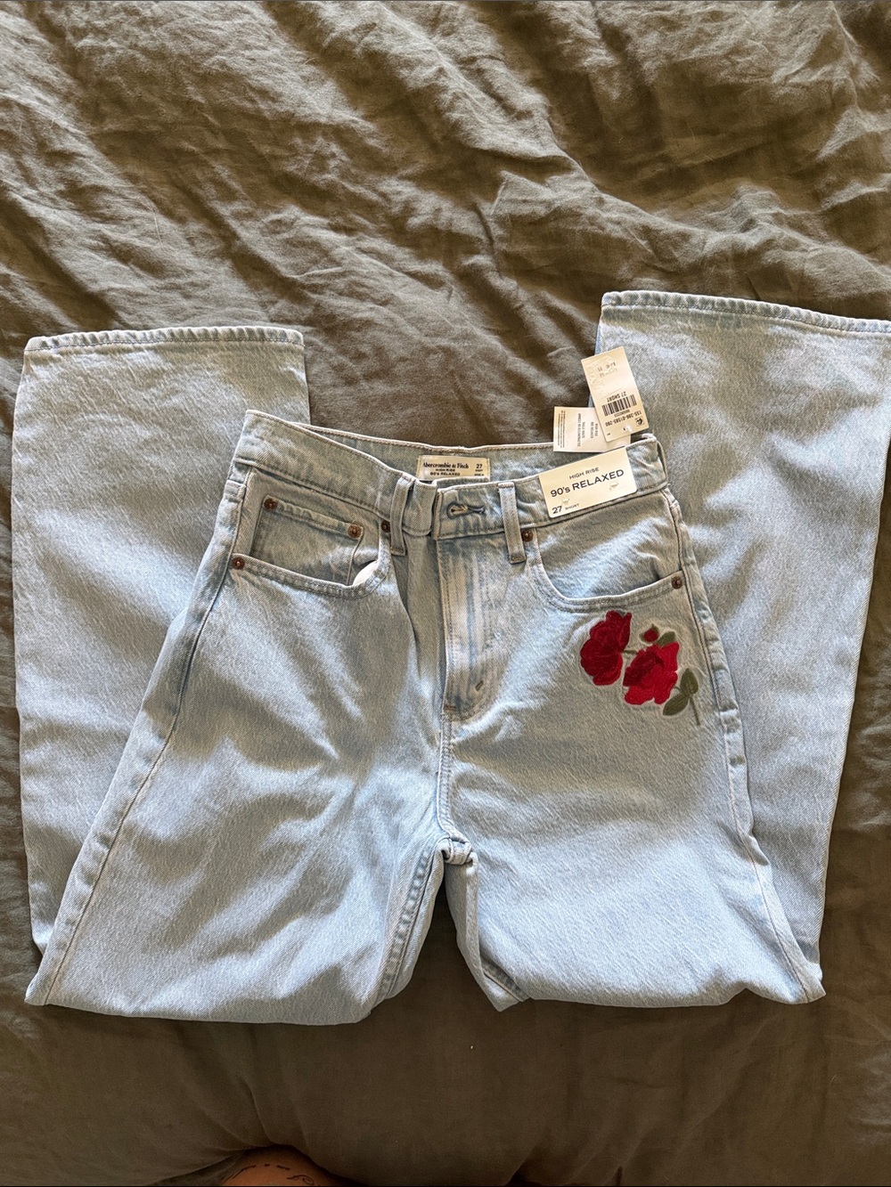 Abercrombie & Fitch Light Blue Jeans with Red Rose Embroidery